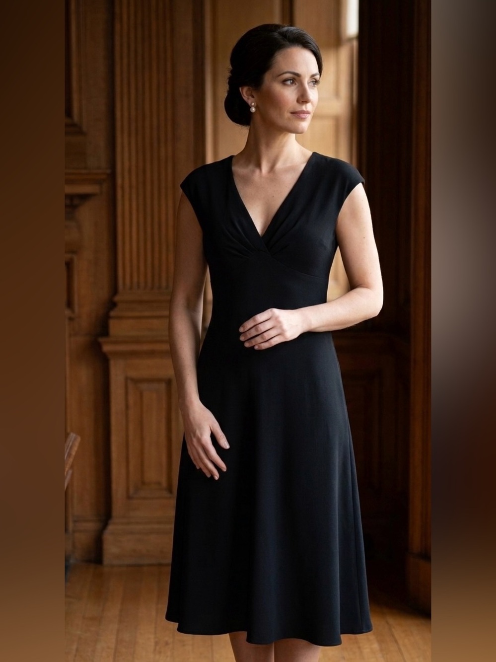 Jones Wear Vintage Black vneck Midi Dress  LBD Cap Sleeve Cocktail Office Chic